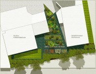 Grundriss - Hausgarten der Familie B. links Neubau des Firmengebäudes und rechts das Generationenhaus. In der Mitte die grüne Fläche