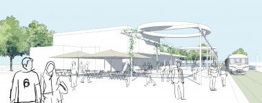 Seeufer Sondern - 3D Entwurf - Rechts fährt eine Bahn und Links Sitzfläche